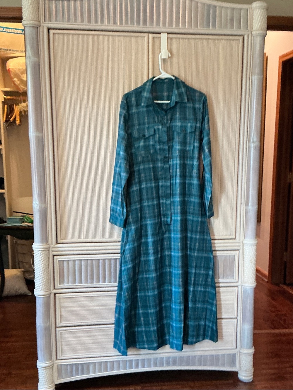 Button-Front Teal Plaid Maxi Shirt Dress - Women